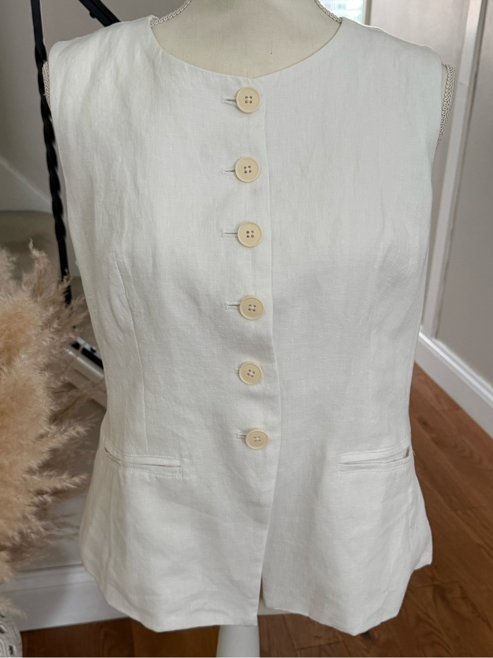 J. Crew White Sleeveless Button-Front Linen Vest
